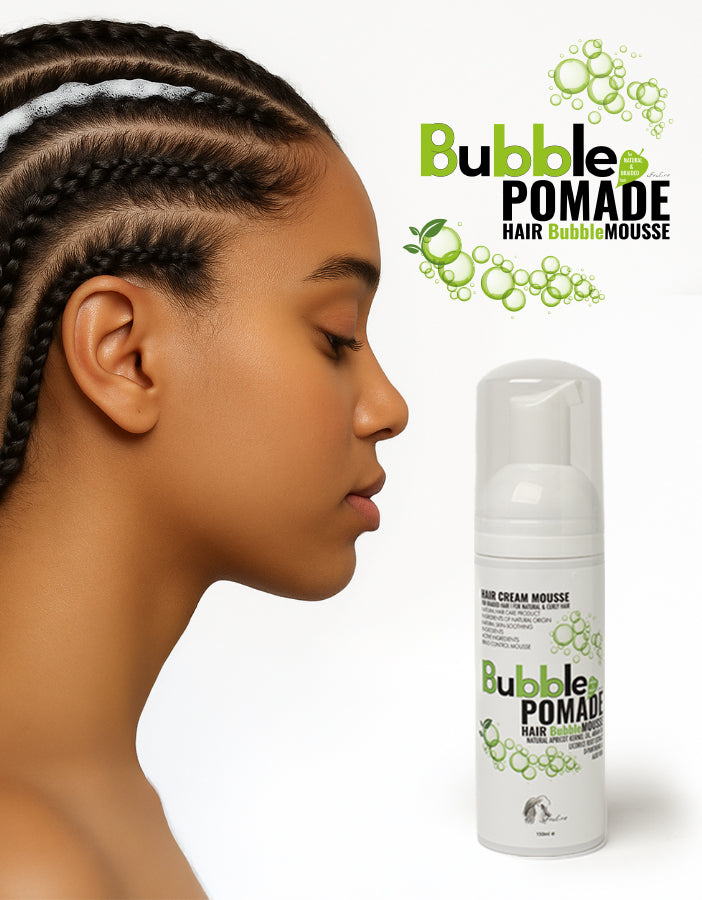 Model cornrows fonattal és AFROline BubblePomade hajhab flakonnal – erős tartású hajhab hajfonáshoz AFROline