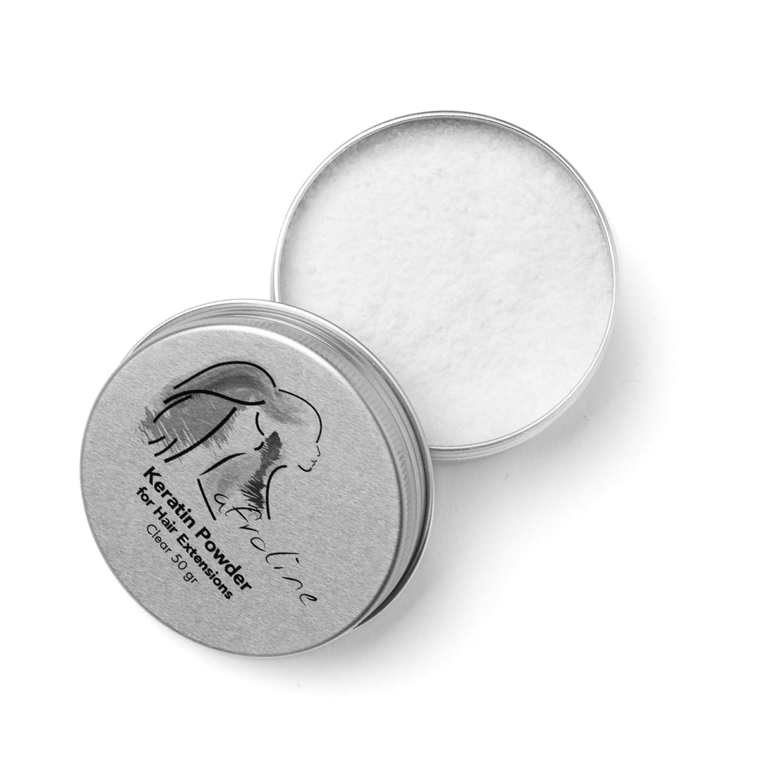 AFROline kristály keratin por 50g átlátszó, nyitott fém dobozban hajhosszabbítás keratin ragasztó